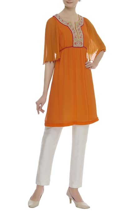 Arpan Vohra Orange Lace Embroidered Pleated Tunic 
