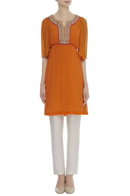 Arpan Vohra Orange Lace Embroidered Pleated Tunic Online at Aza Fashions Arpan Vohra_Orange Lace Embroidered Pleated Tunic _Online_at_Aza_Fashions