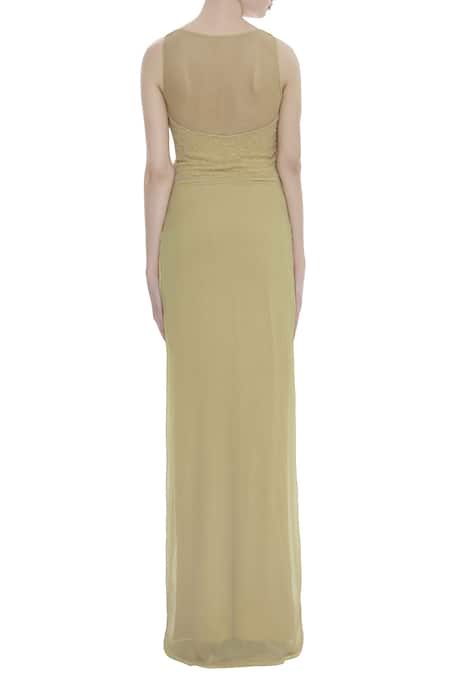 Shop Arpan Vohra Gold Embroidered Sleeveless Gown at Aza Fashions Shop_Arpan Vohra_Gold Embroidered Sleeveless Gown _at_Aza_Fashions