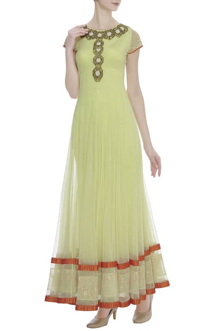 Arpan Vohra Yellow Tulle Cutdana, Sequin, Bead Round Embroidered Anarkali 