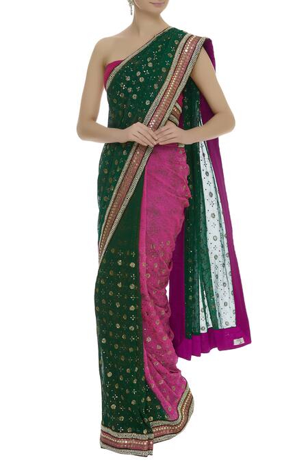 Talat Kazmi_Green Embroidered Saree And Unstitched Blouse_Online_at_Aza_Fashions