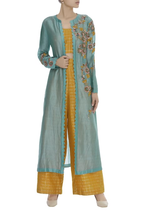 Joy Mitra Blue Checkered Crop Top With Pants And Embroidered Jacket 