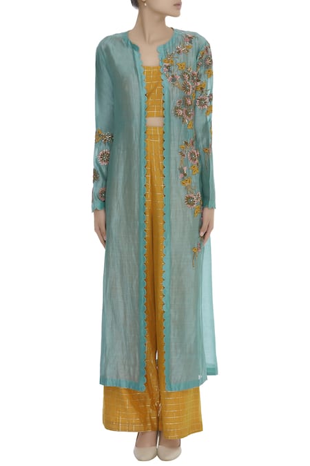 Joy Mitra_Blue Checkered Crop Top With Pants And Embroidered Jacket _Online_at_Aza_Fashions