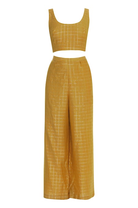 Buy_Joy Mitra_Blue Checkered Crop Top With Pants And Embroidered Jacket _Online_at_Aza_Fashions