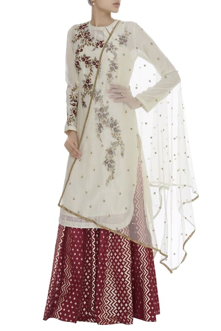 Joy Mitra Floral Embroidered Kurta Lehenga Set  