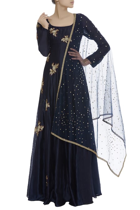 Joy Mitra Blue Patchwork Embroidered Anarkali With Dupatta 