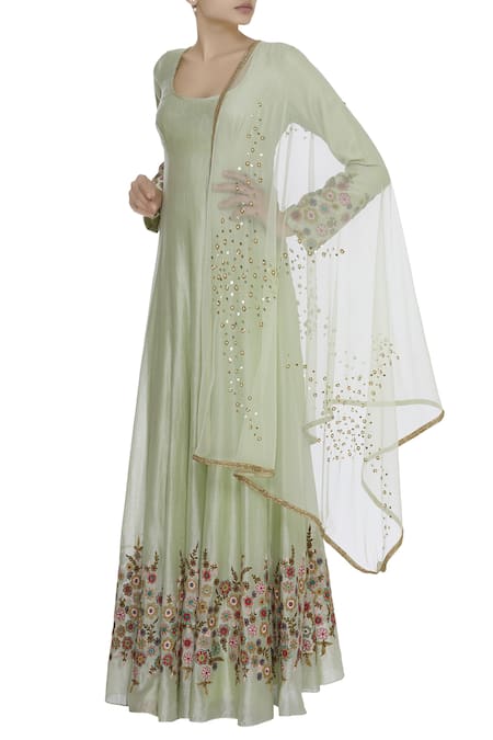 Joy Mitra Green Floral Embroidered Anarkali With Dupatta And Churidar 