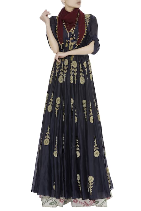 Joy Mitra Blue Embroidered Kurta With Lehenga And Stole 