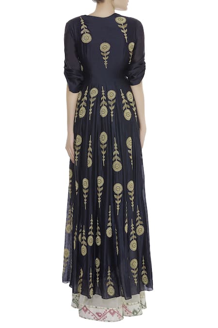 Shop Joy Mitra Blue Embroidered Kurta With Lehenga And Stole at Aza Fashions Shop_Joy Mitra_Blue Embroidered Kurta With Lehenga And Stole _at_Aza_Fashions