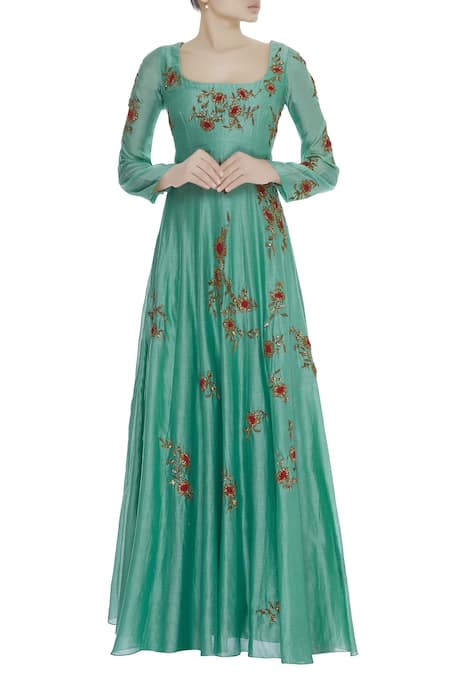 Joy Mitra Green Floral Embroidered Anarkali With Palazzos 