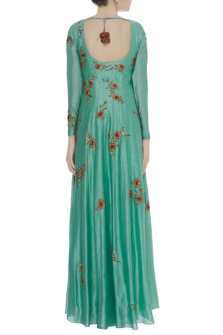 Shop Joy Mitra Green Floral Embroidered Anarkali With Palazzos at Aza Fashions Shop_Joy Mitra_Green Floral Embroidered Anarkali With Palazzos _at_Aza_Fashions