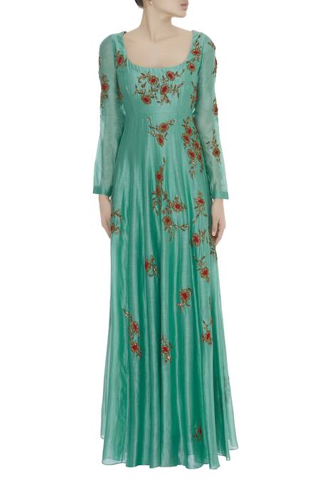 Joy Mitra Green Floral Embroidered Anarkali With Palazzos Online at Aza Fashions Joy Mitra_Green Floral Embroidered Anarkali With Palazzos _Online_at_Aza_Fashions