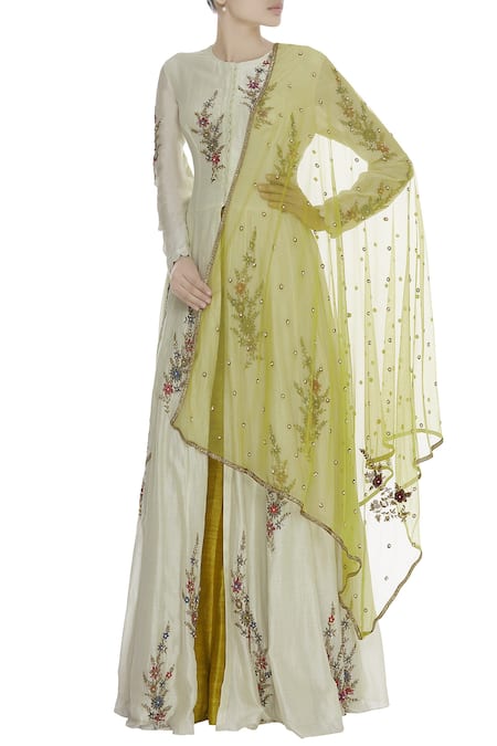 Joy Mitra Front Slit Embroidered Kurta Lehenga Set  