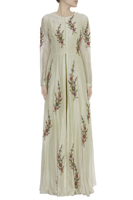 Joy Mitra_Cream Front Slit Embroidered Kurta Lehenga Set _Online_at_Aza_Fashions