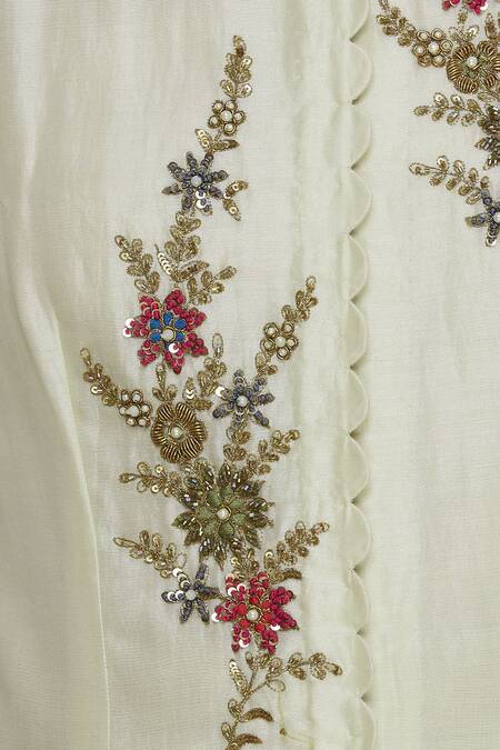 Shop_Joy Mitra_Cream Front Slit Embroidered Kurta Lehenga Set _Online_at_Aza_Fashions