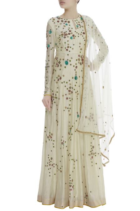 Joy Mitra White Embroidered Anarkali With Dupatta And Churidaar 