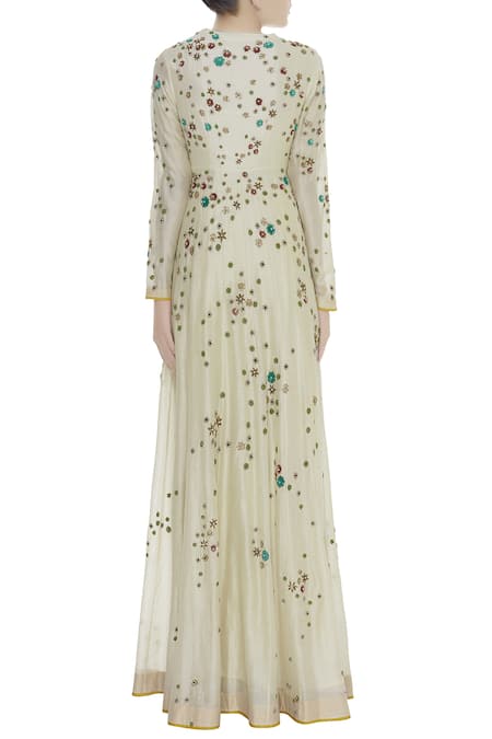 Shop Joy Mitra White Embroidered Anarkali With Dupatta And Churidaar at Aza Fashions Shop_Joy Mitra_White Embroidered Anarkali With Dupatta And Churidaar _at_Aza_Fashions