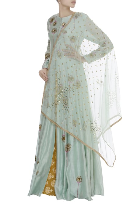 Joy Mitra Front Slit Kurta With Lehenga & Dupatta   