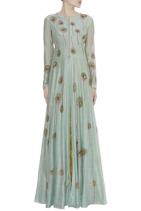 Joy Mitra Yellow Front Slit Kurta With Lehenga And Dupatta Online at Aza Fashions Joy Mitra_Yellow Front Slit Kurta With Lehenga And Dupatta _Online_at_Aza_Fashions