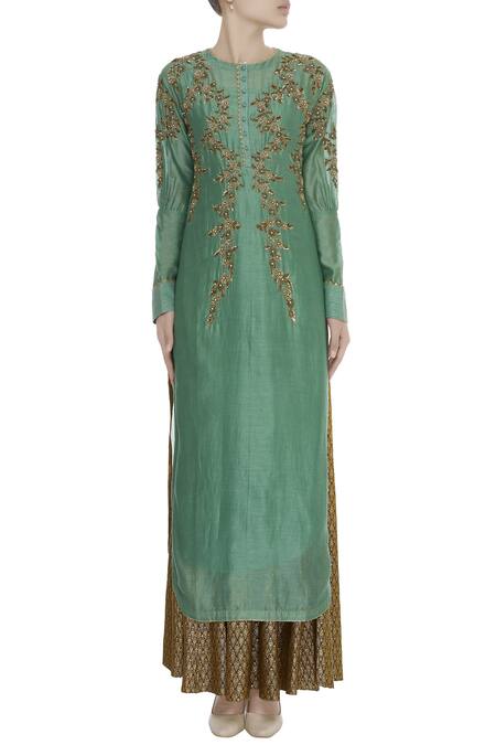 Joy Mitra_Gold Embroidered Kurta Lehenga Set _Online_at_Aza_Fashions