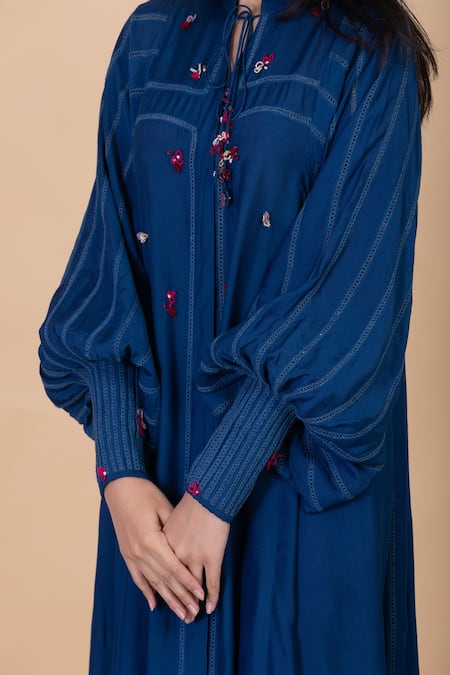 Chambray & Co._Blue Silk Crystals Bandeau Neck Zairi Thread Embroidered Kurta And Pant Set _Online_at_Aza_Fashions