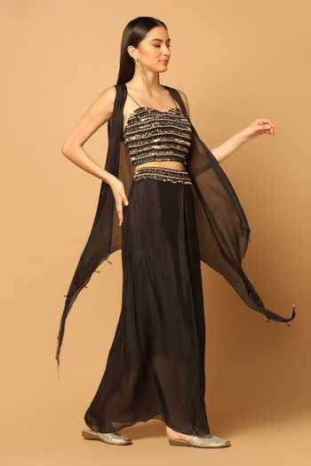 Shop Two Sisters By Gyans Black Chiffon Sequins, Beads, Sleeveless Cape And Waistband Draped Skirt Set Online at Aza Fashions Shop_Two Sisters By Gyans_Black Chiffon Sequins, Beads, Sleeveless Cape And Waistband Draped Skirt Set _Online_at_Aza_Fashions