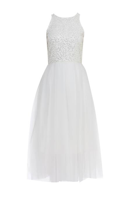 Neha Taneja_White Sequin Embroidered Dress_Online_at_Aza_Fashions