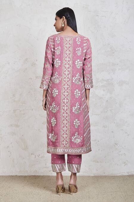 Shop Sue Mue Pink Georgette Resham, Zari And Sequin V Neck Embroidered Kurta Pant Set at Aza Fashions Shop_Sue Mue_Pink Georgette Resham, Zari And Sequin V Neck Embroidered Kurta Pant Set_at_Aza_Fashions