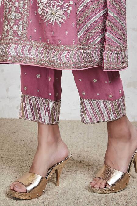 Shop Sue Mue Pink Georgette Resham, Zari And Sequin V Neck Embroidered Kurta Pant Set Online at Aza Fashions Shop_Sue Mue_Pink Georgette Resham, Zari And Sequin V Neck Embroidered Kurta Pant Set_Online_at_Aza_Fashions
