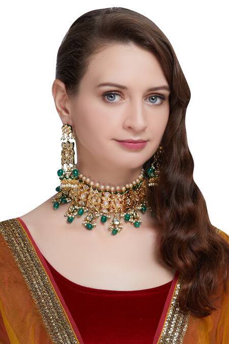 Shop_Posh By Rathore_Gold Plated Kundan Choker Necklace And Earring Set_at_Aza_Fashions