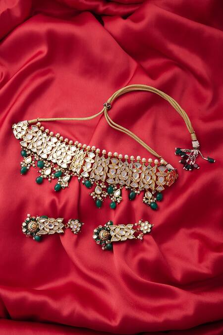 Buy_Posh By Rathore_Gold Plated Kundan Choker Necklace And Earring Set_Online_at_Aza_Fashions