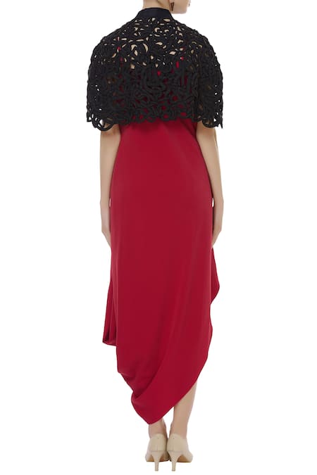 Shop Urvashi Joneja Black Raw Silk High Neck Embroidered Cape at Aza Fashions Shop_Urvashi Joneja_Black Raw Silk High Neck Embroidered Cape_at_Aza_Fashions