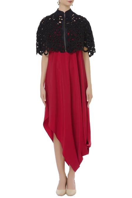 Urvashi Joneja Black Raw Silk High Neck Embroidered Cape Online at Aza Fashions Urvashi Joneja_Black Raw Silk High Neck Embroidered Cape_Online_at_Aza_Fashions