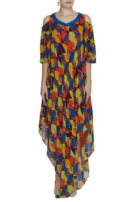 Urvashi Joneja_Multi Color Georgette Abstract Print V Asymmetric Dress _Online_at_Aza_Fashions