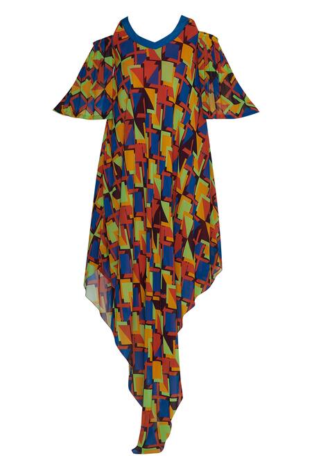 Buy_Urvashi Joneja_Multi Color Georgette Abstract Print V Asymmetric Dress _Online_at_Aza_Fashions