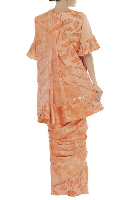 Shop_Shagun Manchanda_Peach Linen Block Print Saree  _at_Aza_Fashions