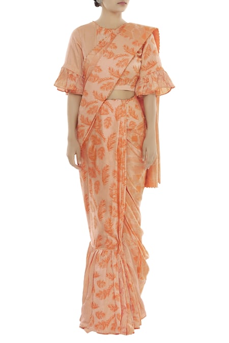 Shagun Manchanda_Peach Linen Block Print Saree  _Online_at_Aza_Fashions