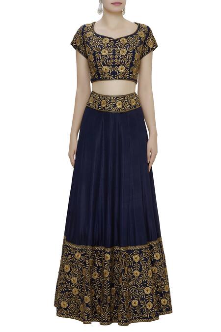 Roora By Ritam_Blue Pure Dupion Silk Floral Embroidered Lehenga Set_Online_at_Aza_Fashions