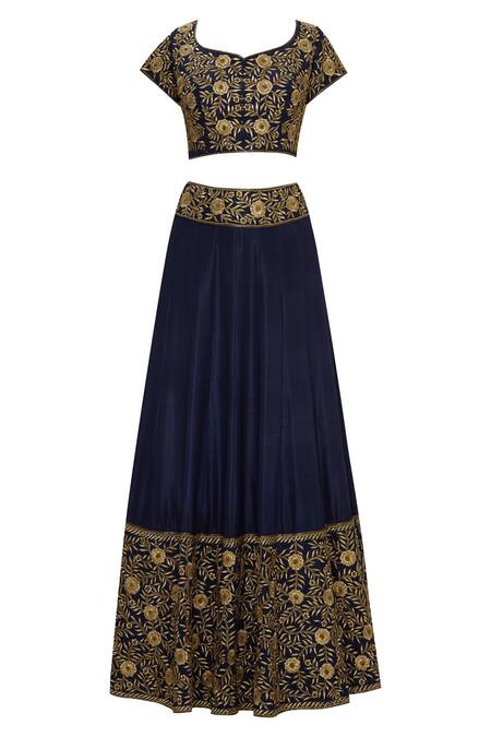 Buy_Roora By Ritam_Blue Pure Dupion Silk Floral Embroidered Lehenga Set_Online_at_Aza_Fashions