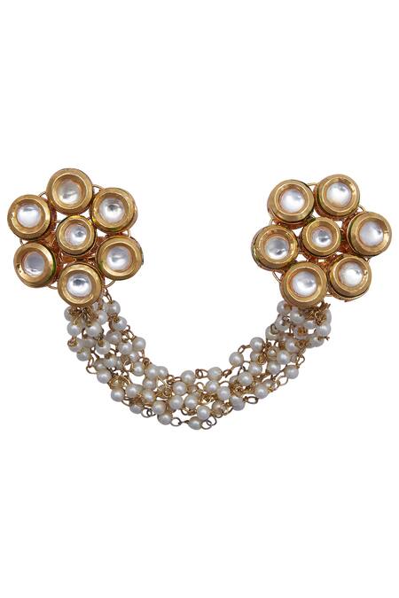 Shop_Just Shradhas_Gold Plated Pearls, Stones Studded Two Finger Ring _at_Aza_Fashions