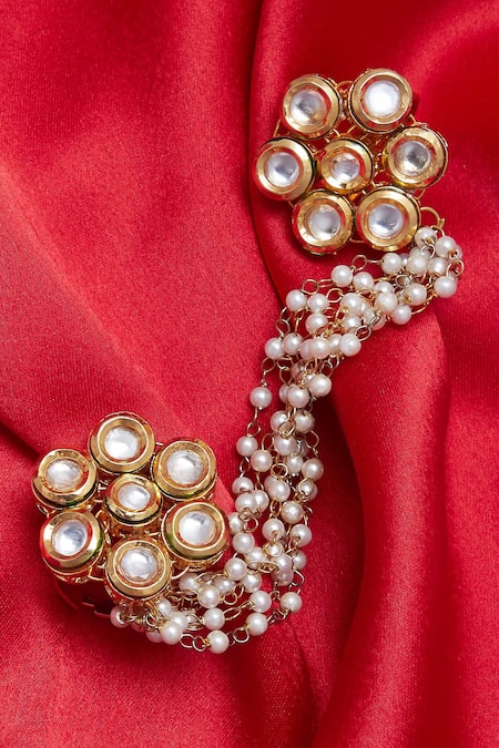 Just Shradhas_Gold Plated Pearls, Stones Studded Two Finger Ring _Online_at_Aza_Fashions