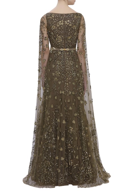 Shop Karleo Brown Tulle, Crepe, Satin Boat Embroidered Gown at Aza Fashions Shop_Karleo_Brown Tulle, Crepe, Satin Boat Embroidered Gown_at_Aza_Fashions