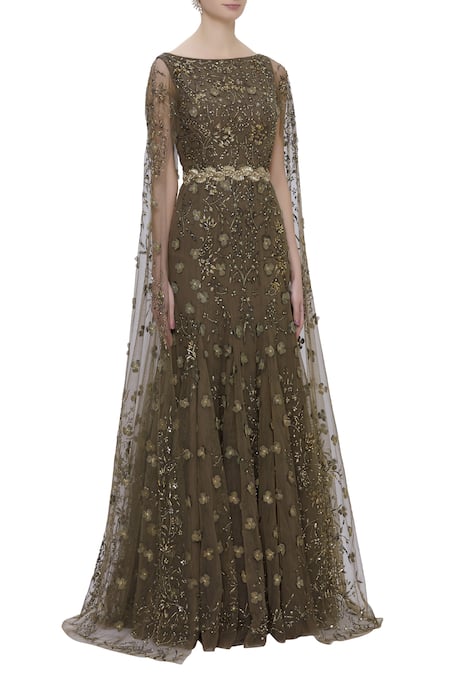 Karleo Brown Tulle, Crepe, Satin Boat Embroidered Gown Online at Aza Fashions Karleo_Brown Tulle, Crepe, Satin Boat Embroidered Gown_Online_at_Aza_Fashions