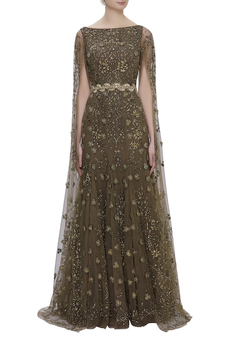 Shop Karleo Brown Tulle, Crepe, Satin Boat Embroidered Gown Online at Aza Fashions Shop_Karleo_Brown Tulle, Crepe, Satin Boat Embroidered Gown_Online_at_Aza_Fashions