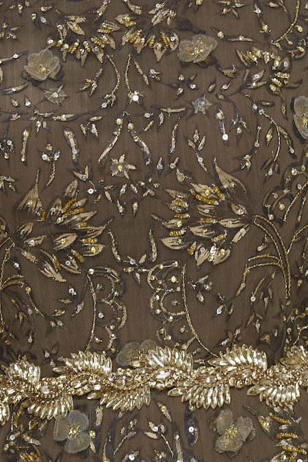 Karleo Brown Tulle, Crepe, Satin Boat Embroidered Gown at Aza Fashions Karleo_Brown Tulle, Crepe, Satin Boat Embroidered Gown_at_Aza_Fashions