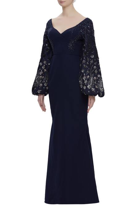 Buy_Karleo_Blue Heavy Crepe Leaf Neck Embroidered Trail Gown_Online_at_Aza_Fashions