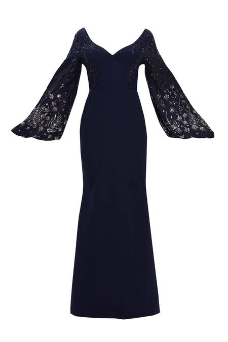 Shop_Karleo_Blue Heavy Crepe Leaf Neck Embroidered Trail Gown_Online_at_Aza_Fashions