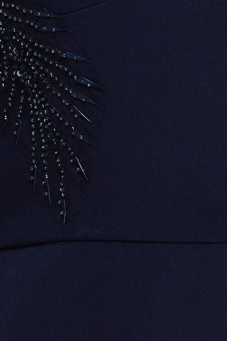 Karleo_Blue Heavy Crepe Leaf Neck Embroidered Trail Gown_at_Aza_Fashions