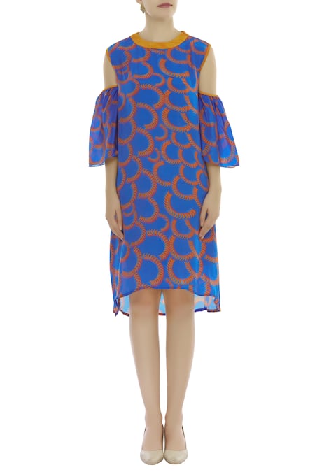 Urvashi Joneja_Blue Georgette Round Neckline Printed Tunic Dress With Inner _Online_at_Aza_Fashions
