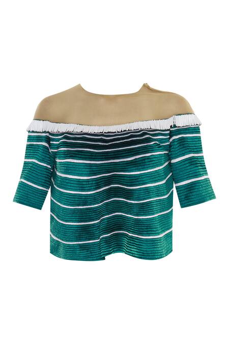 Urvashi Joneja_Green Georgette Round Neck Embroidered Illlusion Top _Online_at_Aza_Fashions